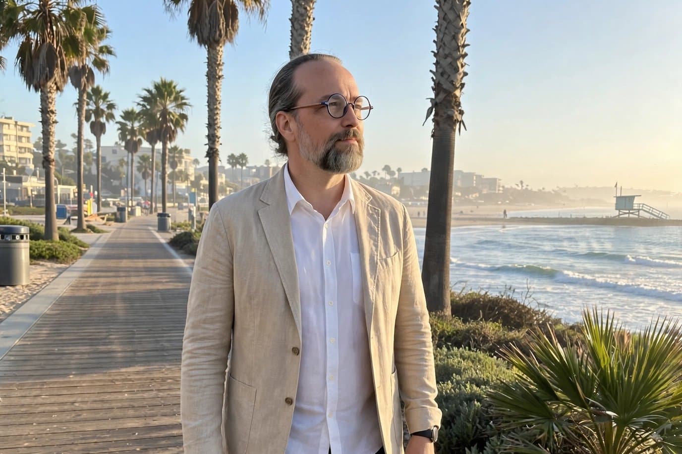 Brian Marvin walking a palm-lined beach boardwalk at sunrise