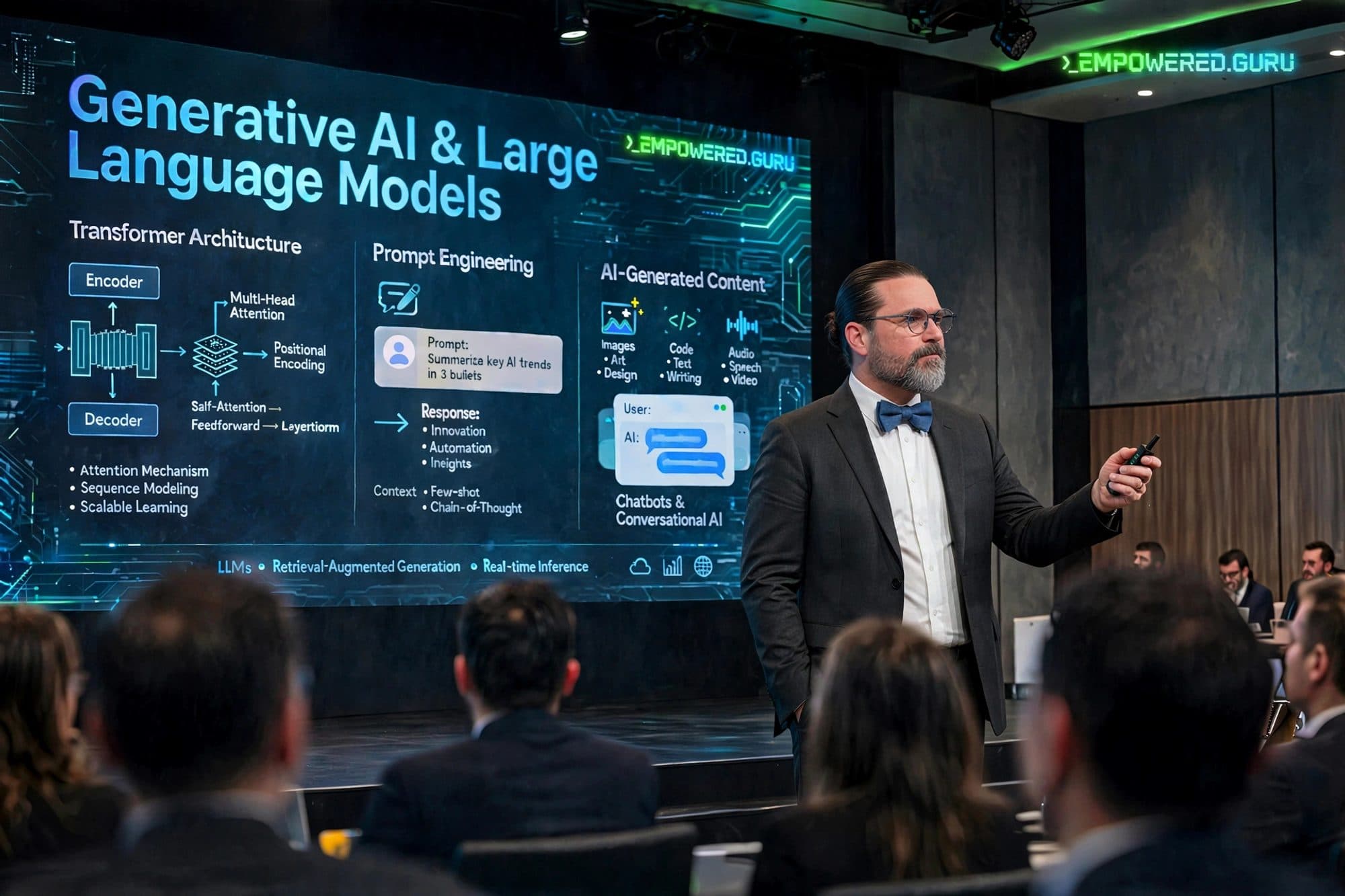 Brian Marvin on stage presenting Generative AI and Large Language Models
