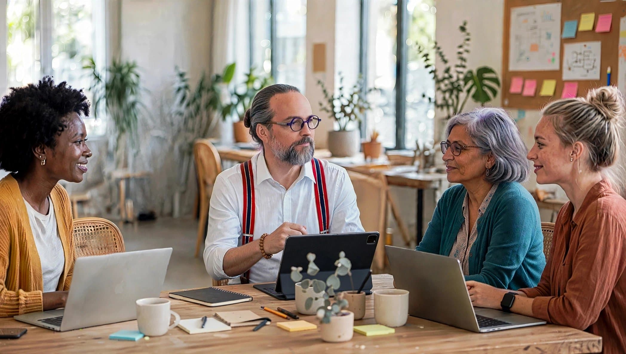 The Empowered.guru team in a relaxed working session, laptops open around a shared table
