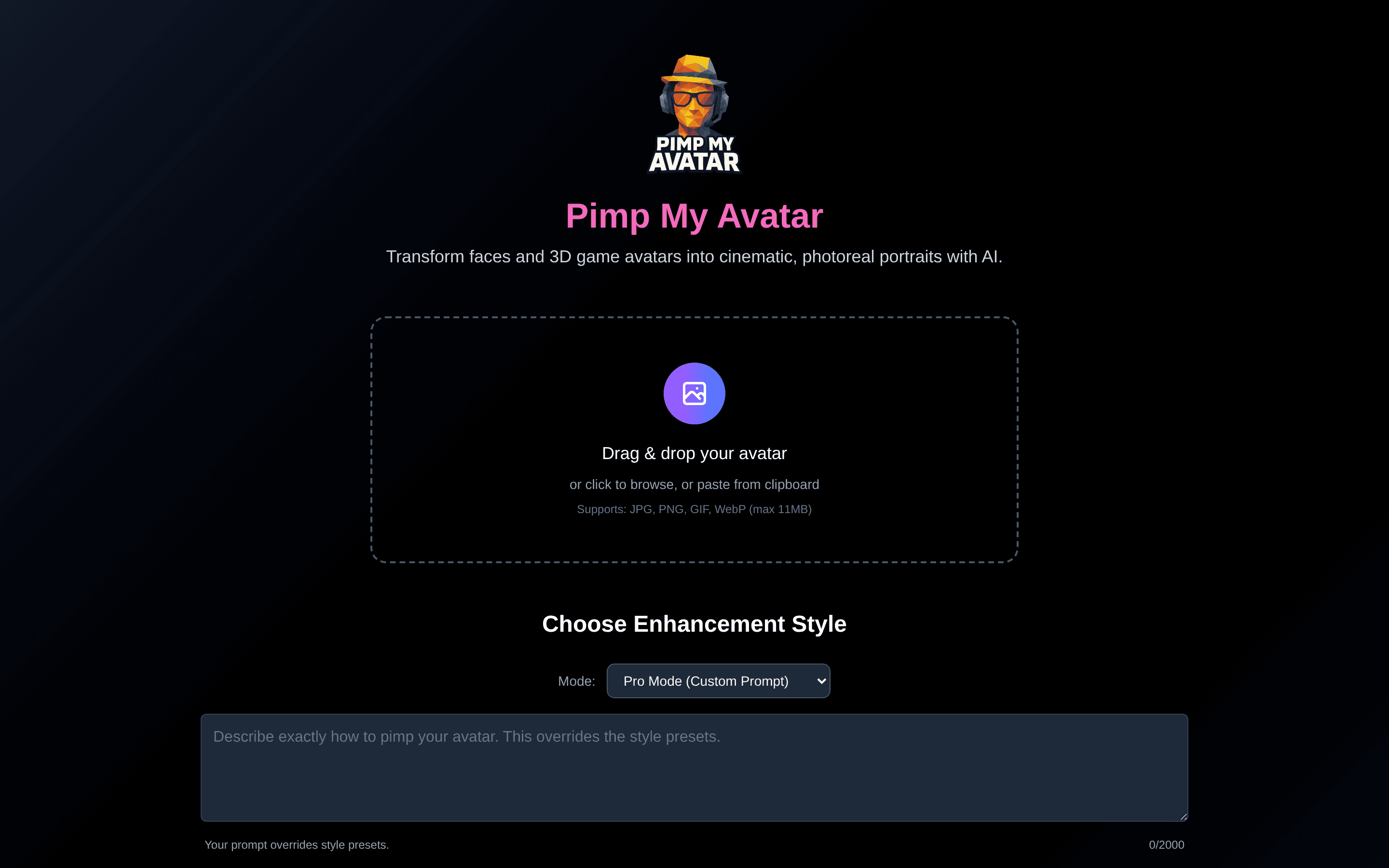 Pimp My Avatar product interface with avatar upload and enhancement style controls