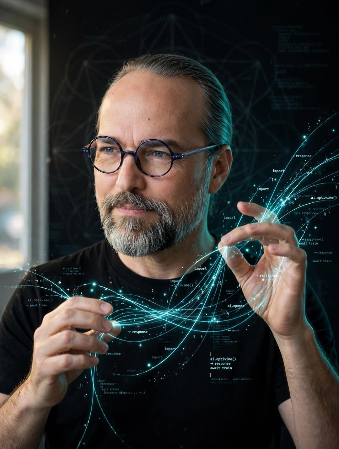 The code weaver threading live systems together by hand - glowing strands of code woven between his fingers