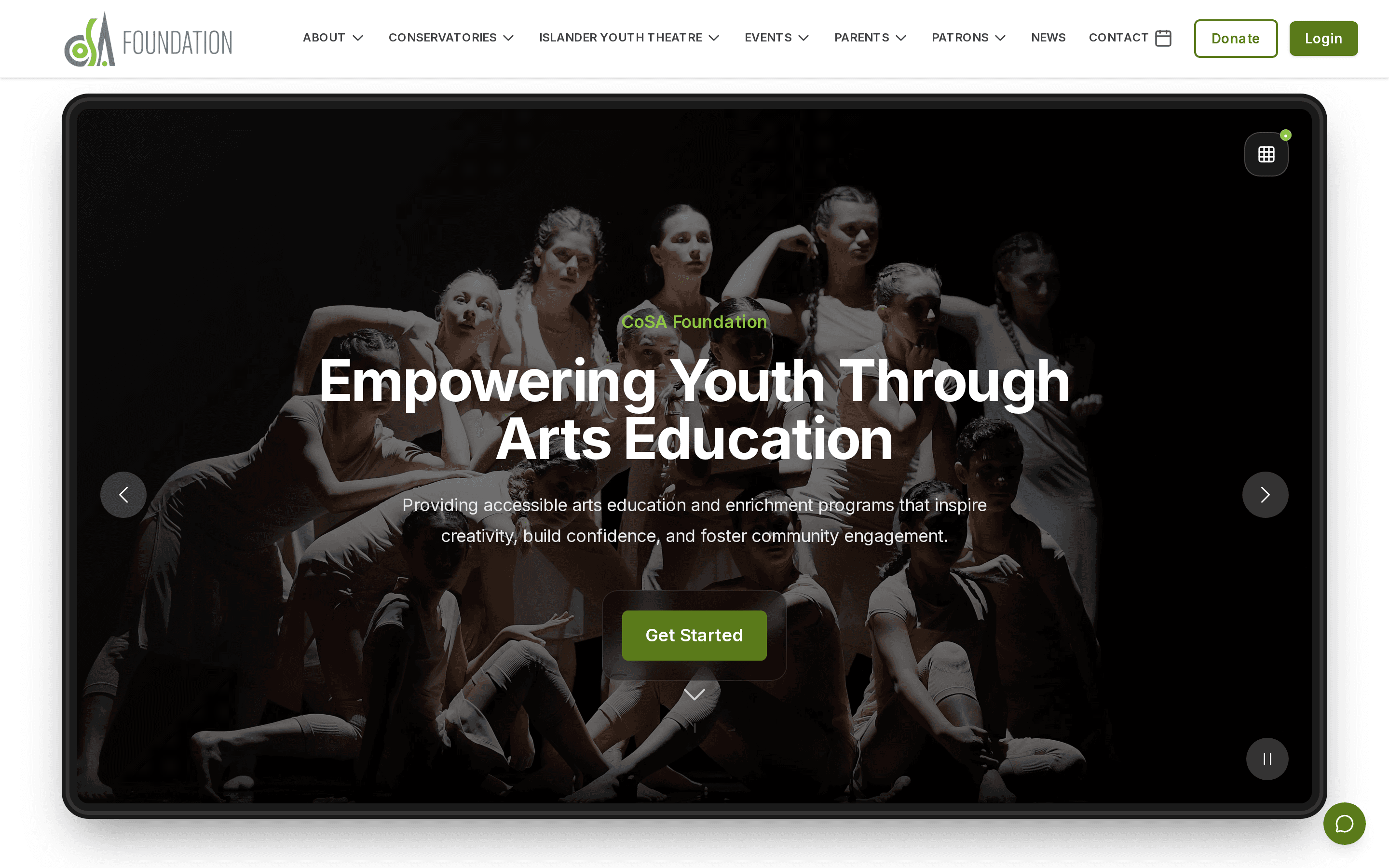 CoSA Foundation website featuring its performing arts community, events, and donation navigation