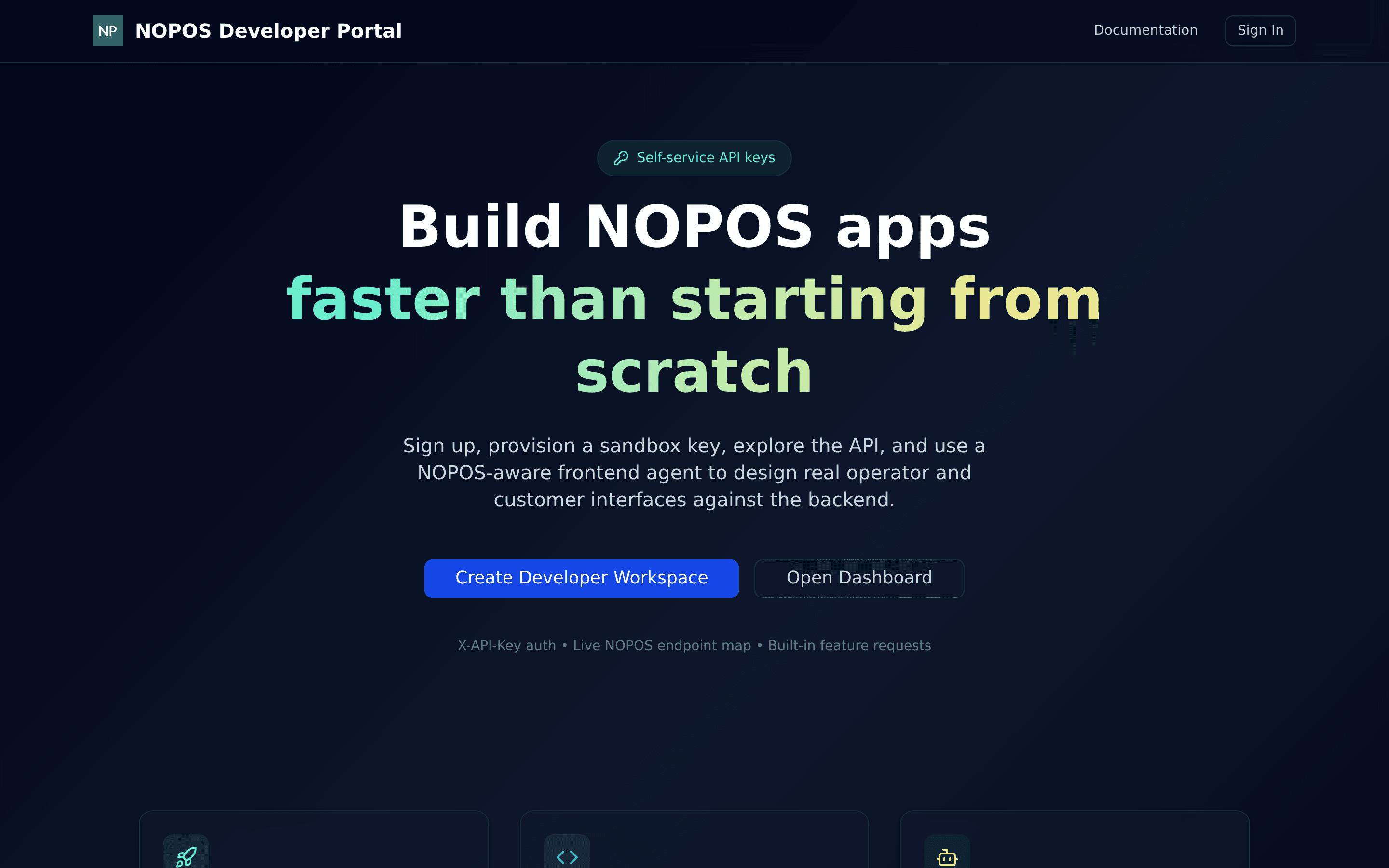 NoPOS developer portal with API key management and private beta access