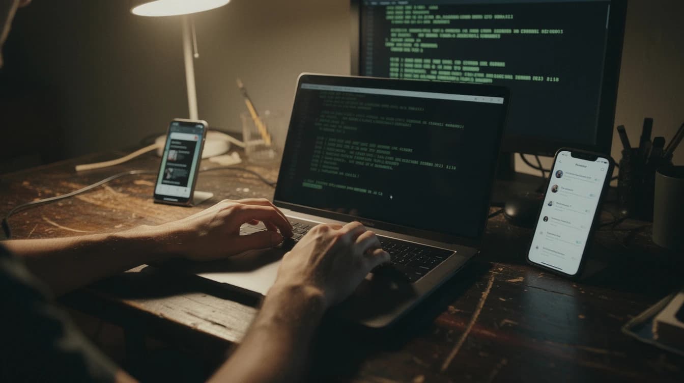 App development workspace: laptop with terminal, two phones running real mobile app UI