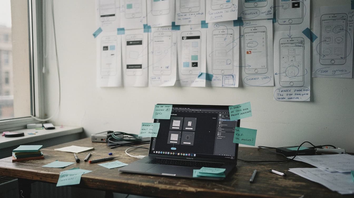 Product design workspace: printouts of wireframes taped to the wall with hand-written annotations, laptop with dark design tool, teal sticky notes