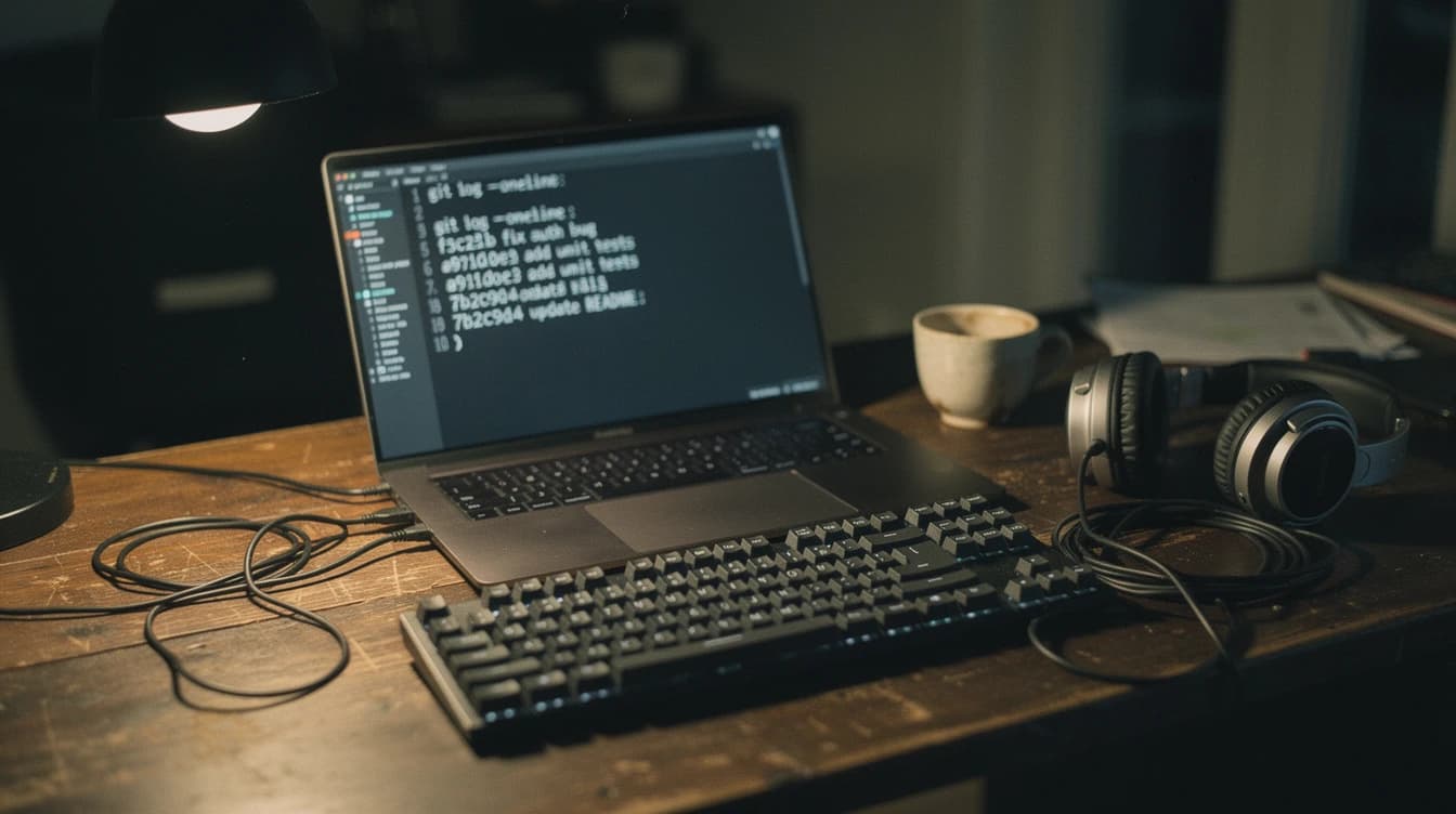 Workstation at night: laptop showing terminal with git log, mechanical keyboard, headphones, coffee mug