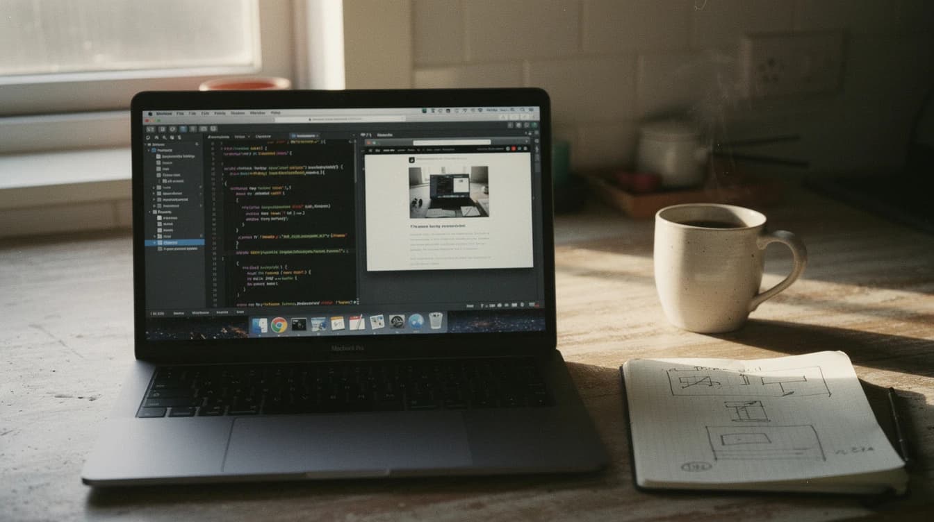 Website development workspace: laptop with code editor and browser preview on a kitchen counter with wireframe notebook